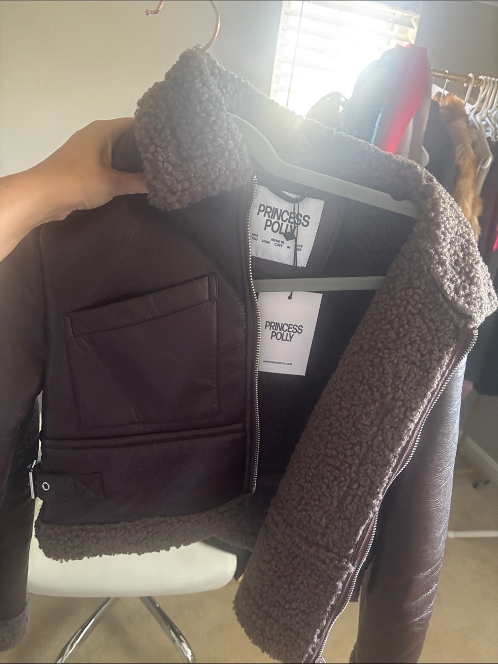 Princess Polly Cropped Dark Brown Sherpa-Lined Aviator Coat